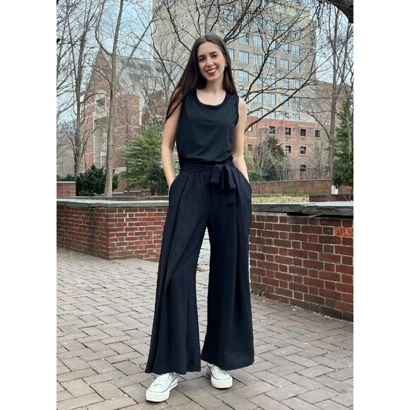 High Waisted Wide Leg Palazzo Pants with Tie Knot and Pockets - Picture 8 of 8